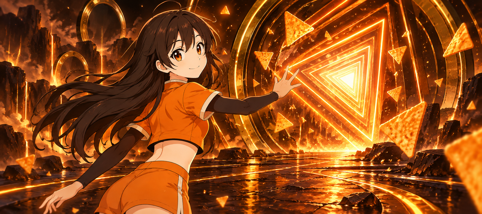 Doritos-Chan crossing a surreal orange signal portal